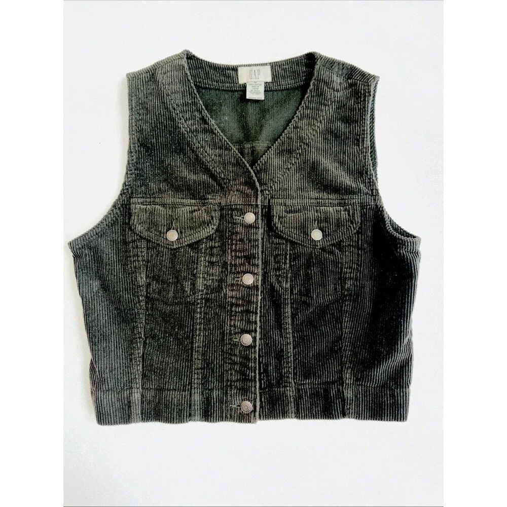Vintage Ladies Gap Dark Green Corduroy Button Up Vest W/Front Pockets Size M - Picture 1 of 6